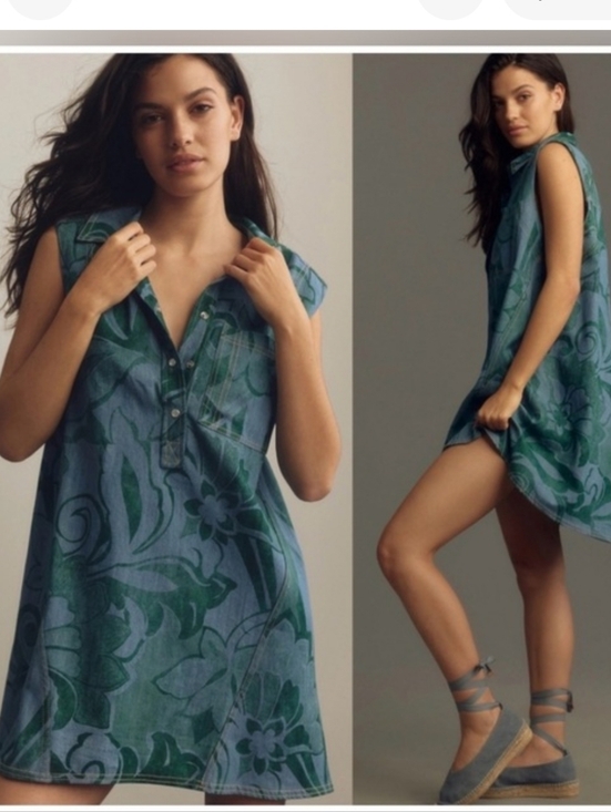 Anthropologie Dresses & Skirts - Anthropologie Pilcro Denim Shift Dress Green Floral Sleeveless Button Front Size